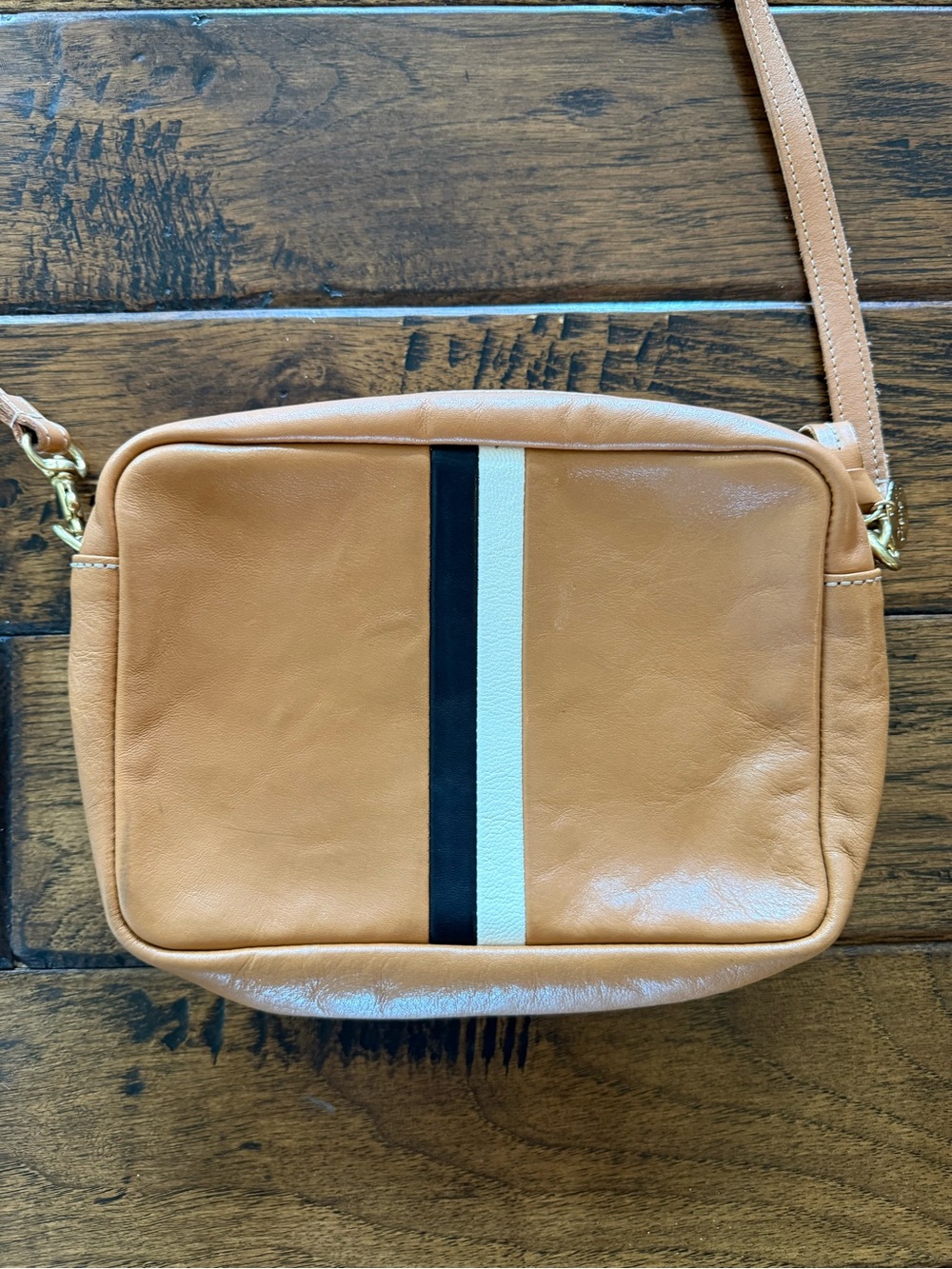 Clare V Midi Sac in Natural Rustique with Black and Cream stripe